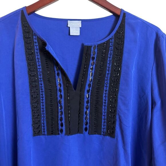 Chico's Embellished Colorblock Top in Seafaring Blue & Black Size Large (16) - Picture 6 of 13
